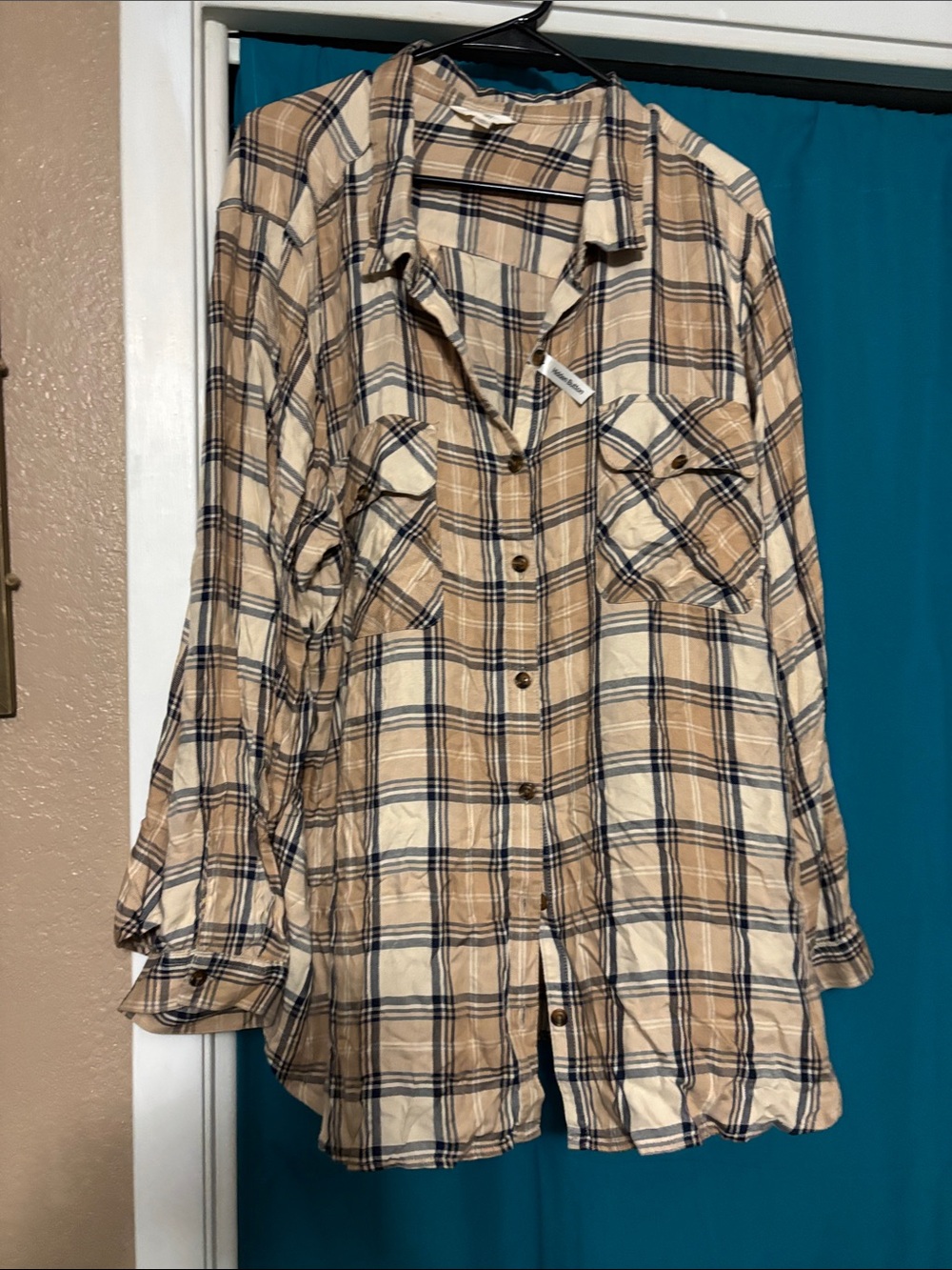 Terra & Sky Beige and Navy Plaid Button-Down Shirt